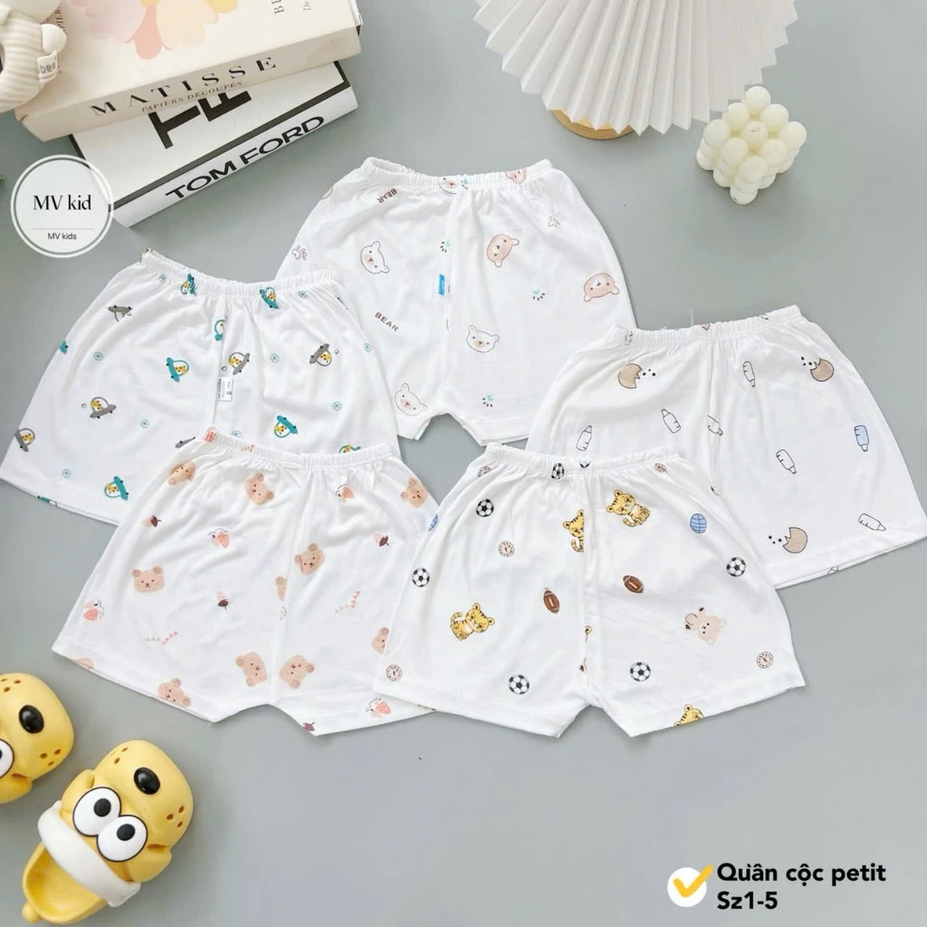 [Loại Đẹp] Set 5-10 quần đùi sơ sinh chất petit mềm mát nền trắng in hoạ tiết cho bé 3-13kg