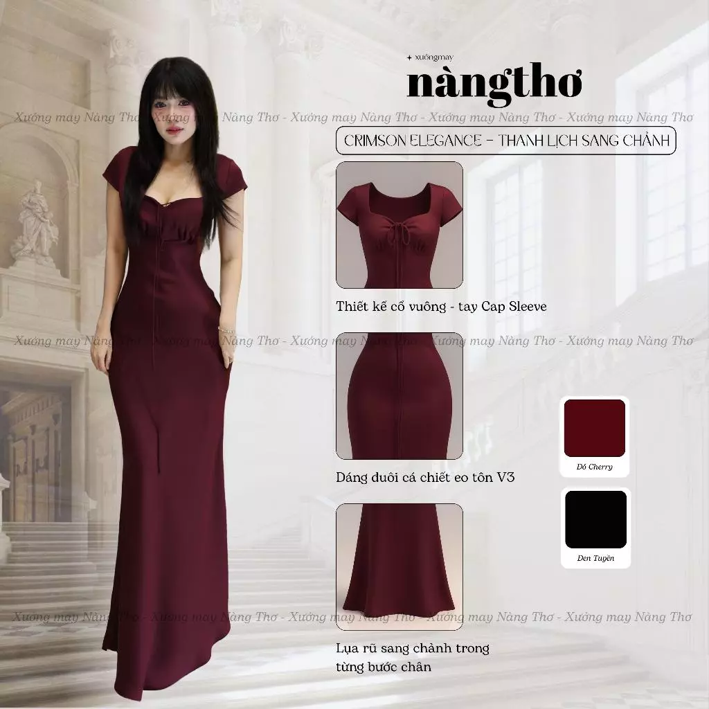 383 Crimson Elegance – Đầm Lụa Tô Châu Cổ Vuông Thanh Lịch Dáng Dài Đuôi Cá