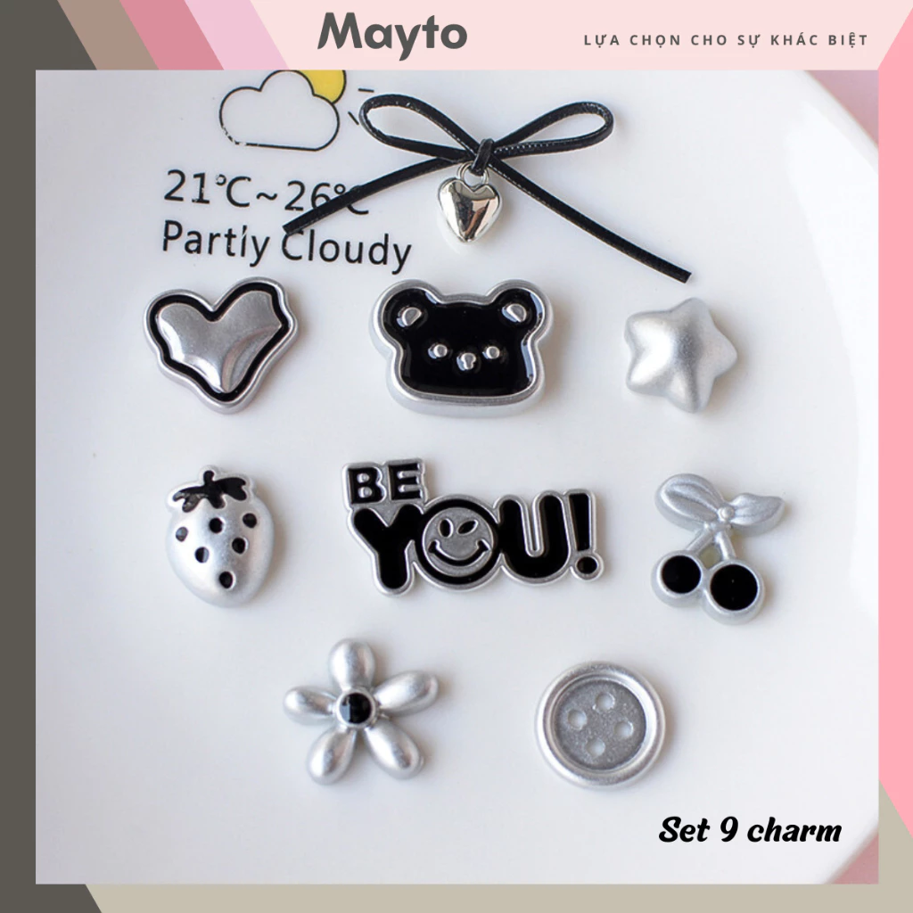 Bộ 9 Sticker, Charm 3D chủ đề Gấu nút bạc nhựa cứng gắn Dép Sục, Cá Sấu MayTo JB-390