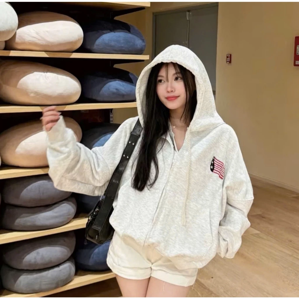 Áo Khoác Hoodie  Cờ Mỹ Thêu Xù chất nỉ bông cotton 400gsm họa tiết thêu xù form rộng khoác ngoài nam nữ