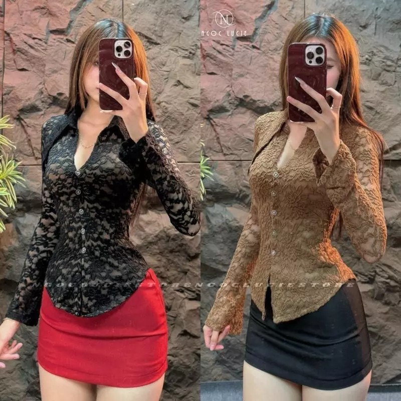 A188 - Áo Sơ Mi Vạt Nhọn Vải Ren Tôn Dáng, Trendy - Ngọc Lucie