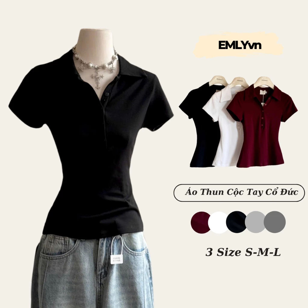 EMLY - Áo Thun Nữ Cộc Tay Cổ Đức Chất Áo Cotton Zip Ôm Body, Áo Polo Cộc Tay Nữ Dáng Ôm Cao Cấp