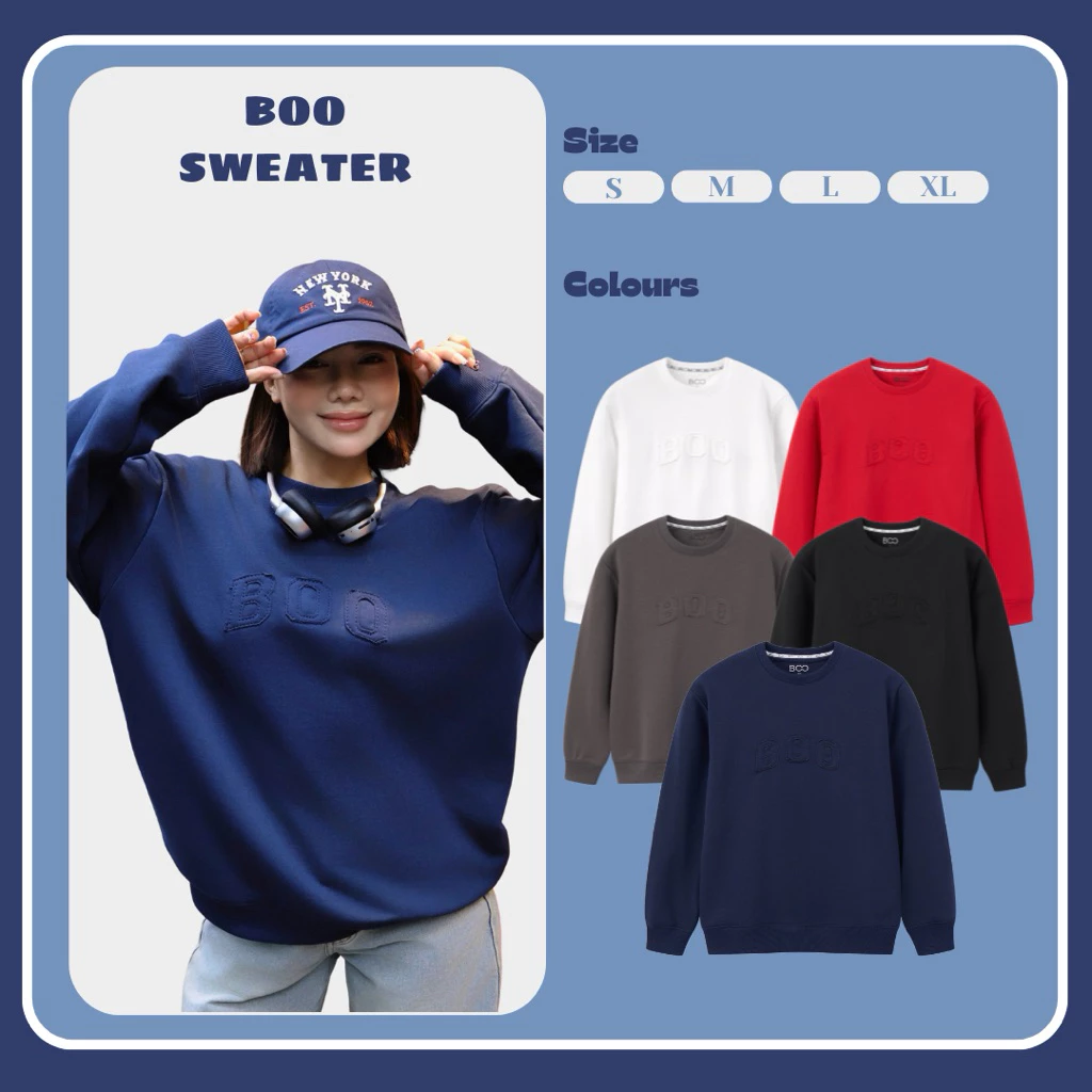 Áo Nỉ BOO Không Mũ Regular UN Thêu Đáp Vải BOO Chất Liệu Nỉ Chân Cua Dày Dặn, Ấm Áp