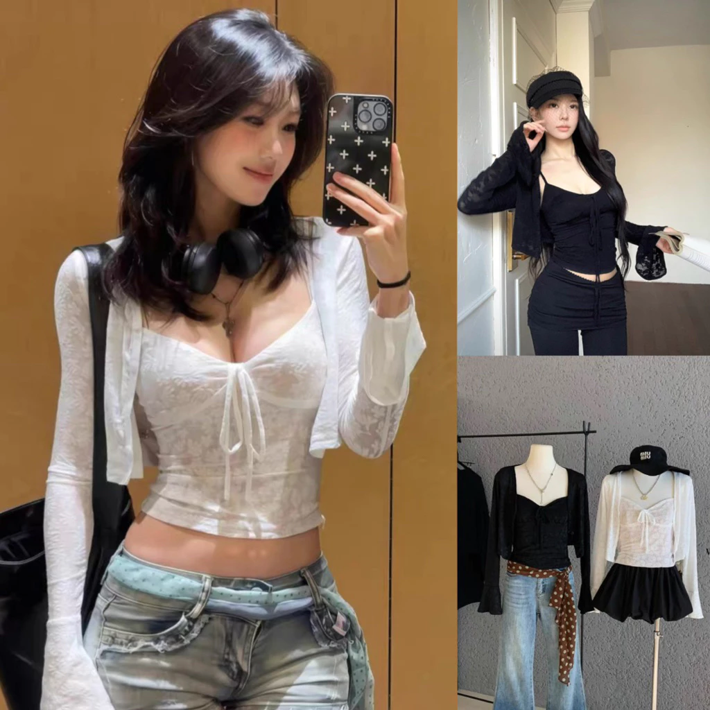 [Set 2 món SEYLA] Set áo hai dây ren hoa mix cardigan tay loe sexy