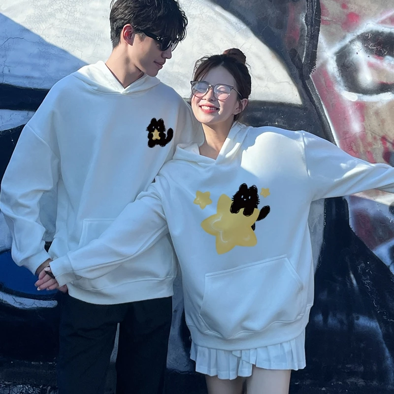 Áo cặp đôi HappyFamily  - Áo Hoodie cặp đôi mẫu Chú Mèo - Mặt Trang cute chất Nỉ 2 màu Đen Trắng