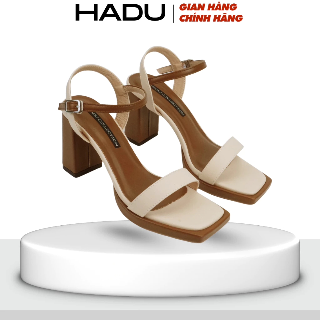 Giày Sandal Cao Gót 9P Đế Vuông Quai Ngang Phối Màu HADU M7140 Da PU Cao Cấp BH 12T