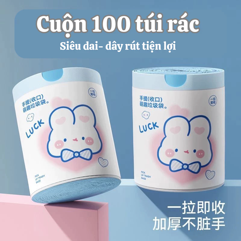 Túi đựng rác có dây rút size 45x50cm, cuộn 100 túi, chịu nhiệt tốt Có quai xách, chất liệu tự phân hủy