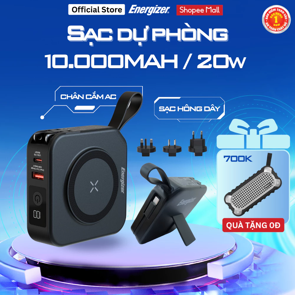 Sạc dự phòng không dây từ tính Energizer 10000mAh - tích hợp chân cắm AC và USB-C, có chân chống, công suất tới 20W
