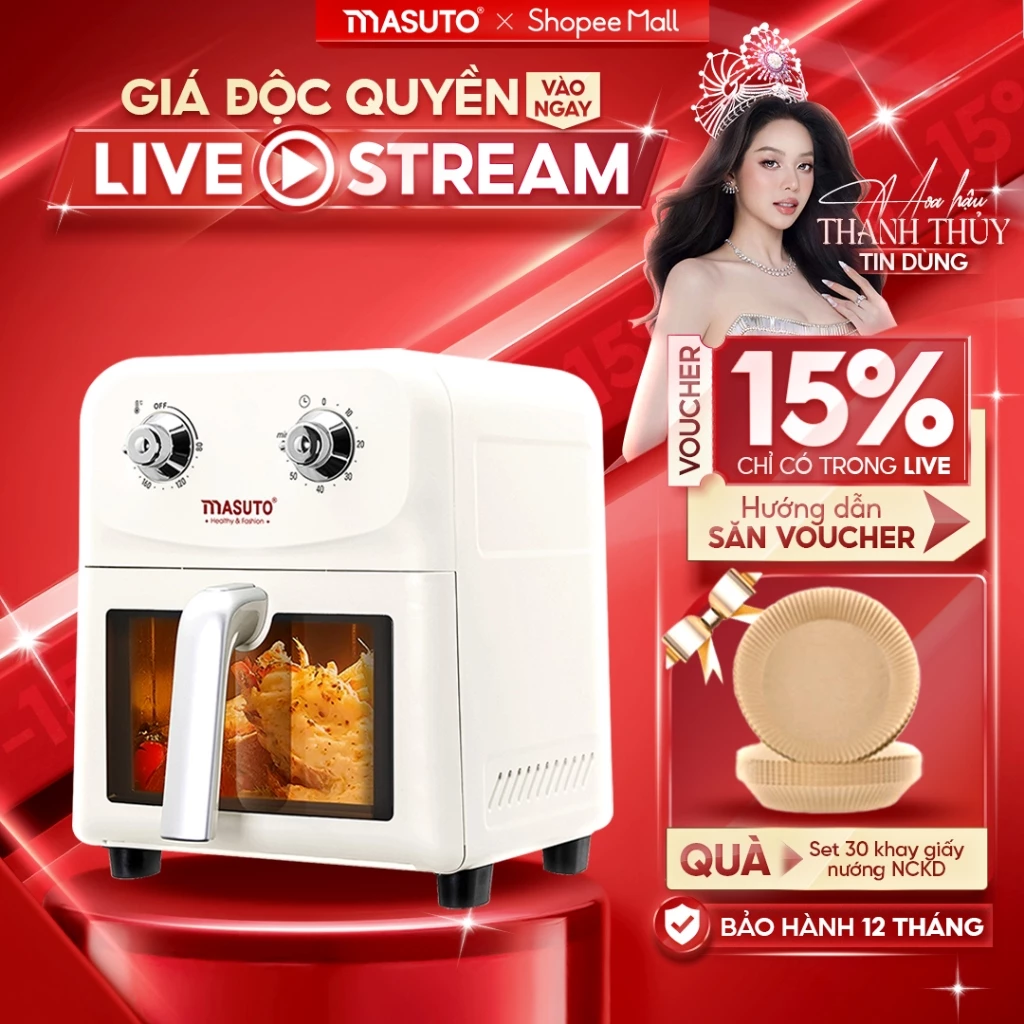 Nồi Chiên Không Dầu Masuto MSChef 6L cửa sổ kính vỏ máy kim loại 1500W Đa Năng An Toàn