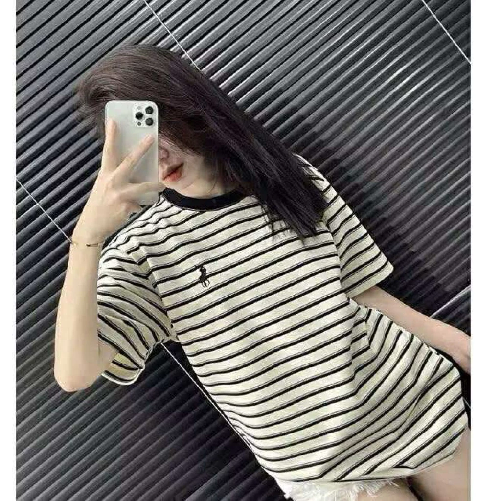 áo thun nam nữ form rộng tay lỡ kẻ sọc hottrend thêu ngựa