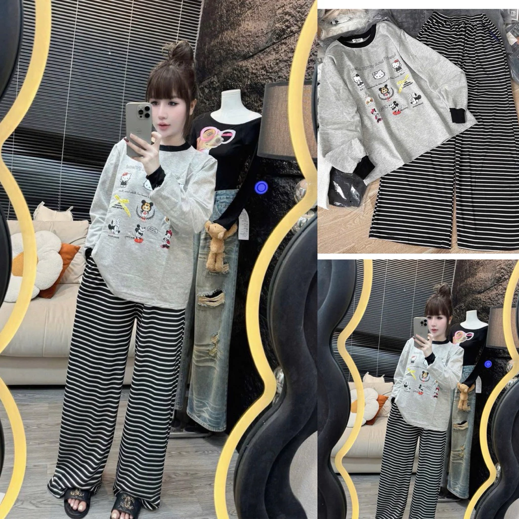 Set bộ đồ nỉ  Kitty and Friend . Bộ đồ dài tay quần kẻ  form rộng dễ thương