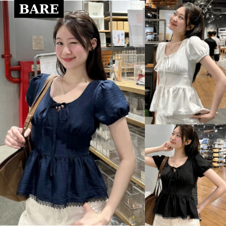_Áo Kiểu Nơ Buộc Bo Eo Tay Bồng Pha Ren, Áo Babydoll Trễ Vai Thời Trang Nữ Có Bigsize_A745