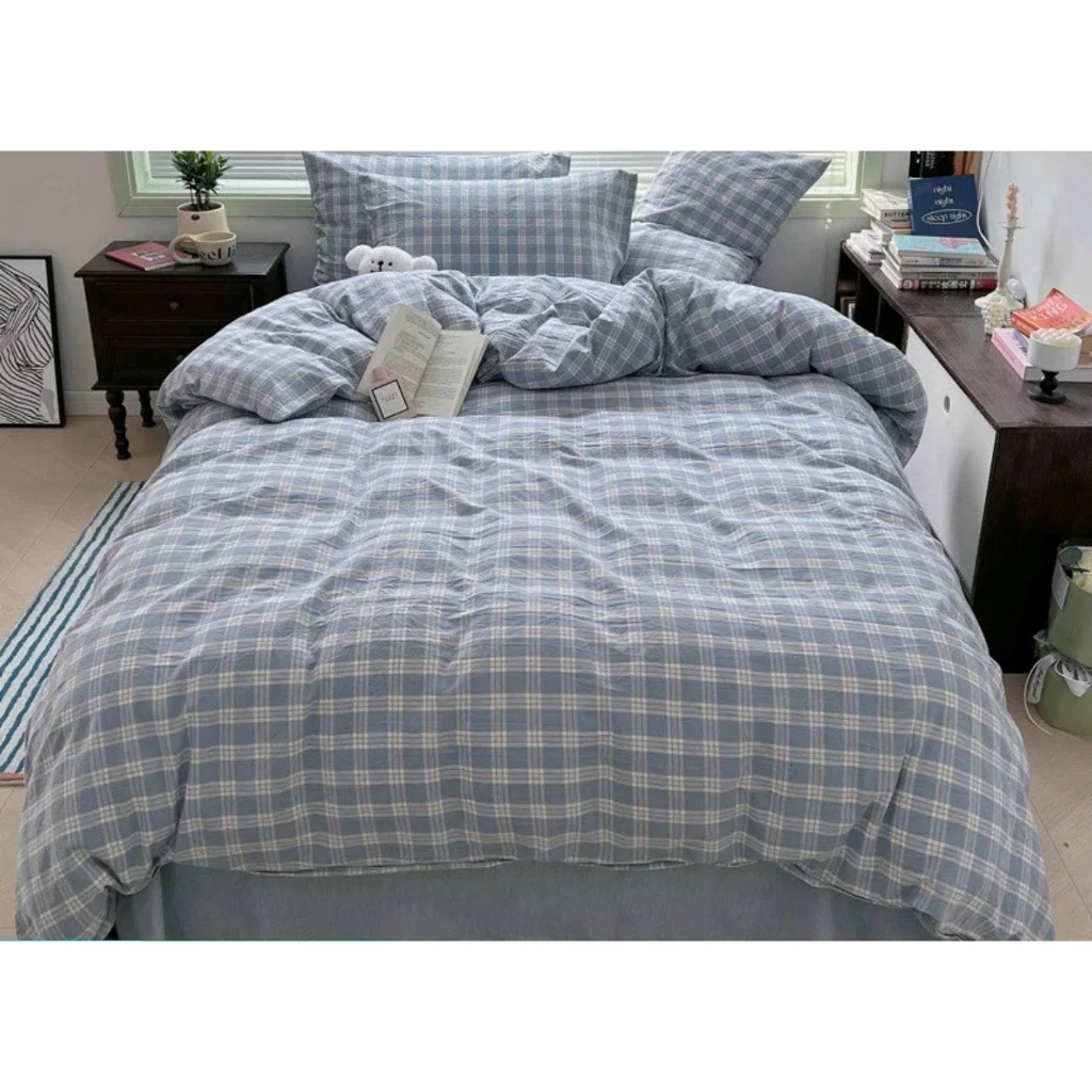 Bộ chăn ga gối cotton đũi kẻ caro cao cấp thấm hút mồ hôi mềm mịn không xù nhiều màu nhiều kích thước