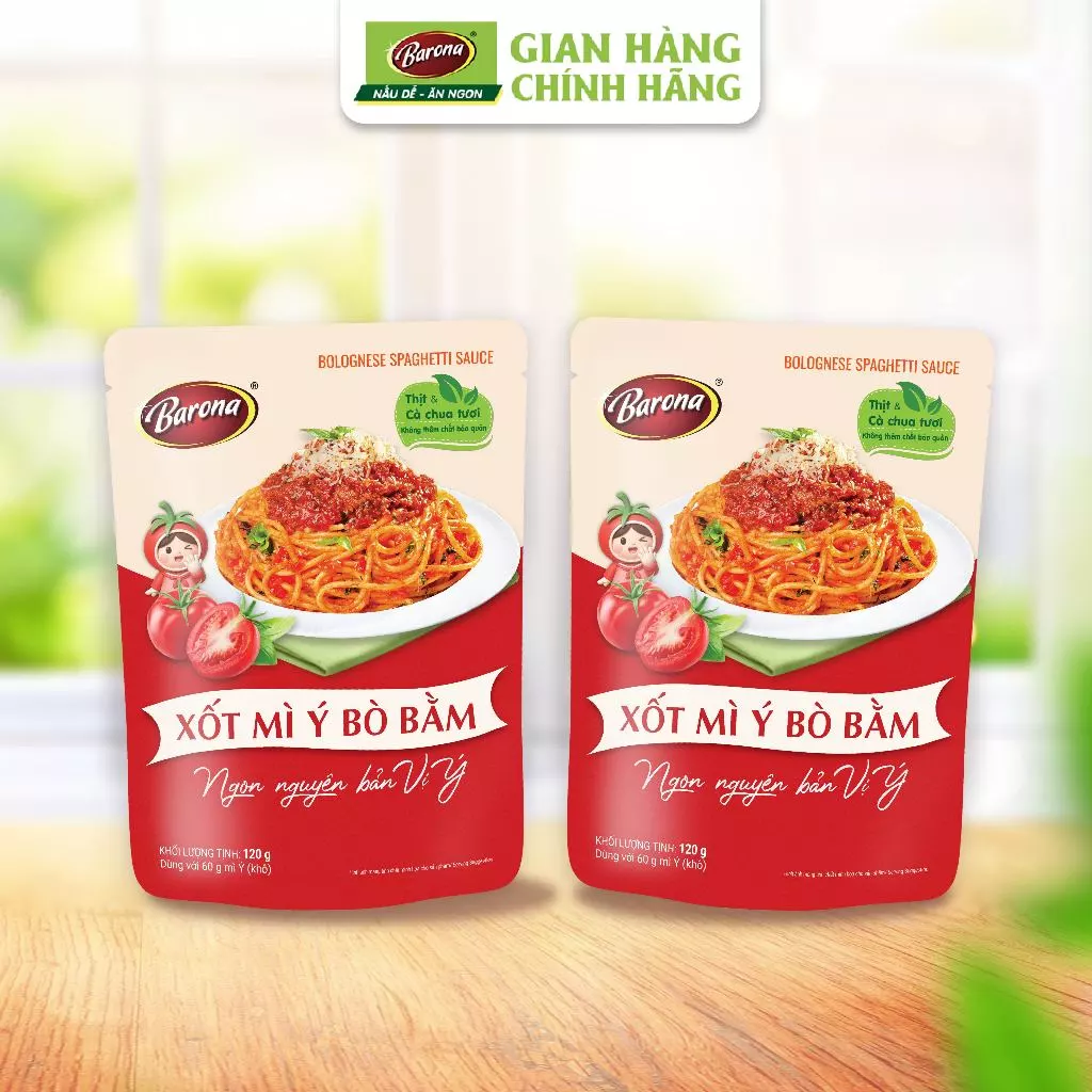 Bộ 2 Gói Gia Vị Hoàn Chỉnh Barona-Xốt Mỳ Ý Bò Bằm Barona 120g/gói, 2 bước nhanh tiện ngon nguyên bản vị Ý
