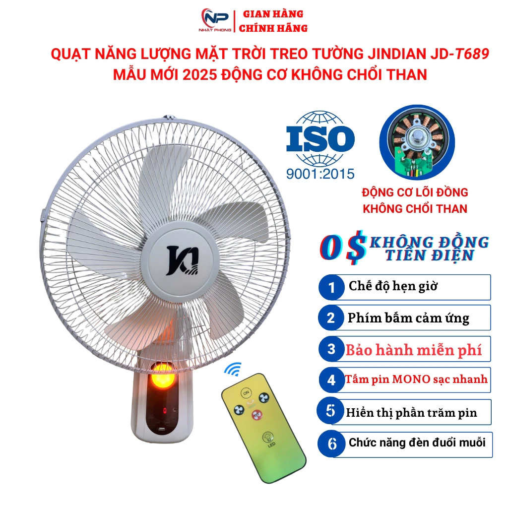 Quạt năng lượng mặt trời quạt tích điện treo tường JD-689T SHOP NHẬT PHONG động cơ không chổi than cổng usb củ sạc 220v