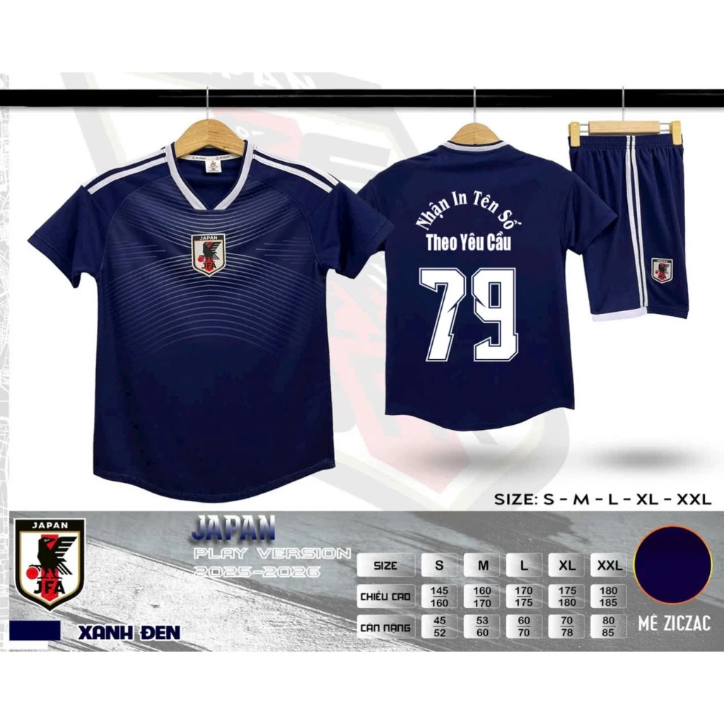 Bộ Quần Áo Đá Banh Nhật Xanh Đen (Nhận In Tên Số) Thun Mè Cao Cấp Logo Thêu Nam Nữ Top Sport