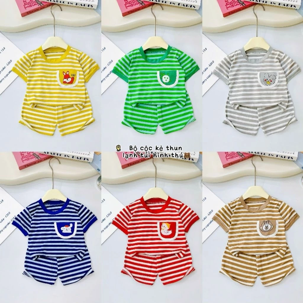 COMBO 3-6Bộ thun lạnh cộc tay sọc dệt bảng to có túi in hình dễ thương, vải mềm mịn mát, co giản cho bé từ 6-23kg
