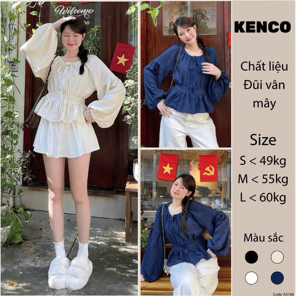 Áo Sơ Mi Cổ Nơ Tay Bồng Thân Bo Eo Chun Lưng Chất Đũi A3168 Kenco clothing.saigon Thời Trang Nữ