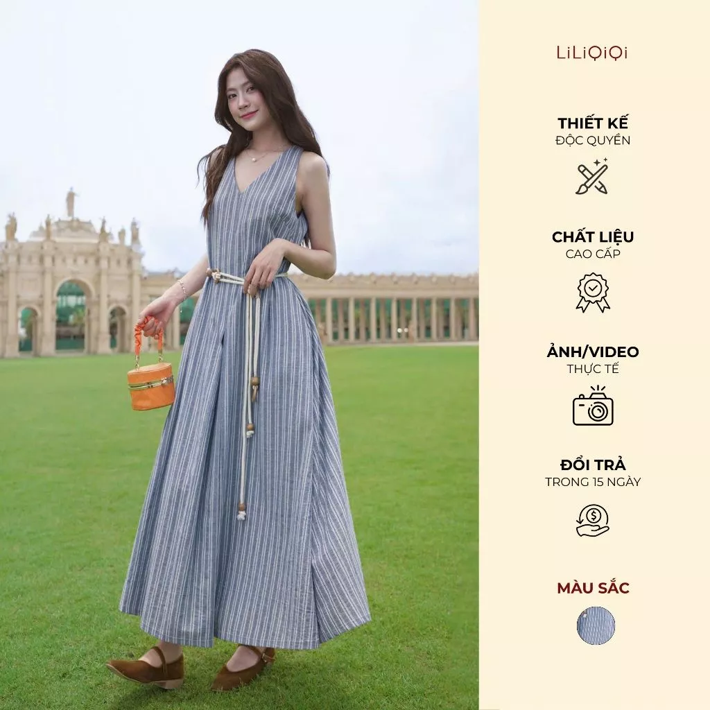 Đầm Thiết Kế Sang Chảnh Váy Nữ Dáng Dài Tiểu Thư Hoạ Tiết Sọc Xanh LiLiQiQi By LeeGi - DD998