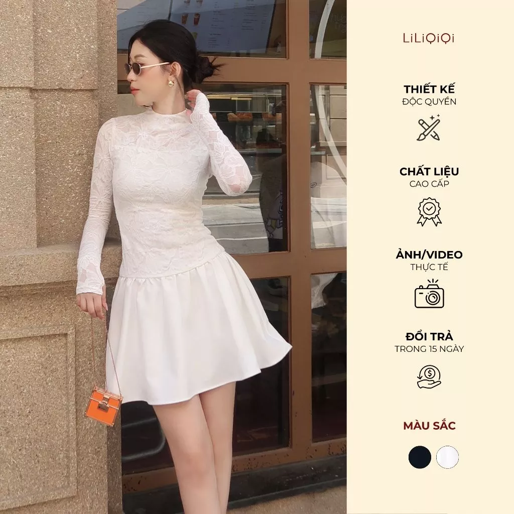 Váy Tiểu Thư Sang Chảnh Ren Nữ Dài Tay Eo Ôm Dự Tiệc Đi Chơi LiLiQiQi By LeeGi - VN820