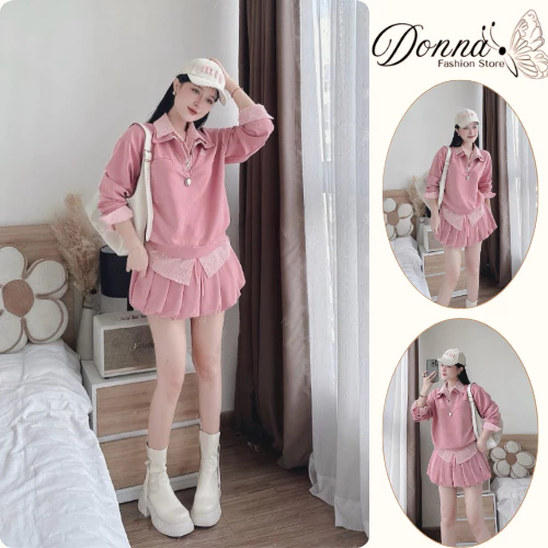 Đồ bộ nữ, set đồ nữ dài tay nữ tiểu thư áo cổ bẻ caro mix chân váy bồng xếp ly xinh xắn HCOM26662