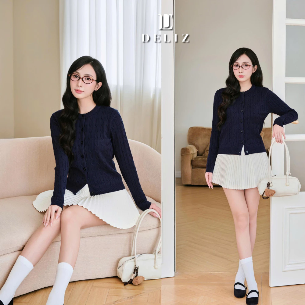 DELIZ - Áo cardigan len dài tay lông thỏ cho nữ cổ tròn vặn thừng basic nhiều màu CD101