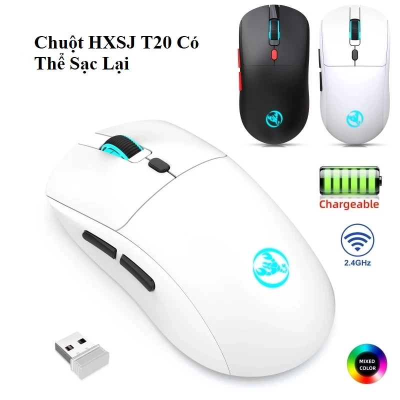Chuột không dây HXSJ T20 2.4GHz có thể sạc lại (Màu Trắng) 2.4GHz 6 nút điều chỉnh độ phân giải, IC quang PAW3212