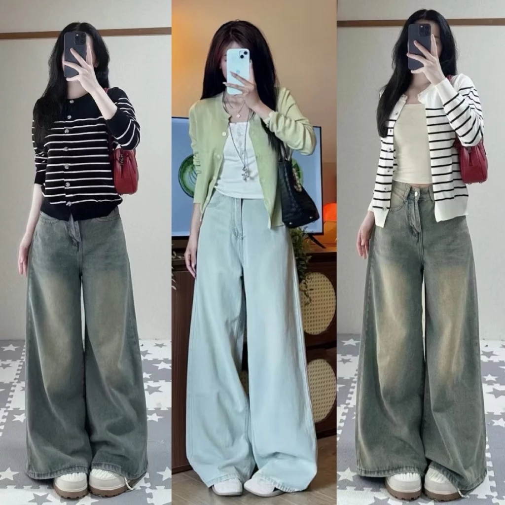 Quần jean bò ống rộng 33 cm suông xuông nữ jeans cạp cao phong cách style ms17