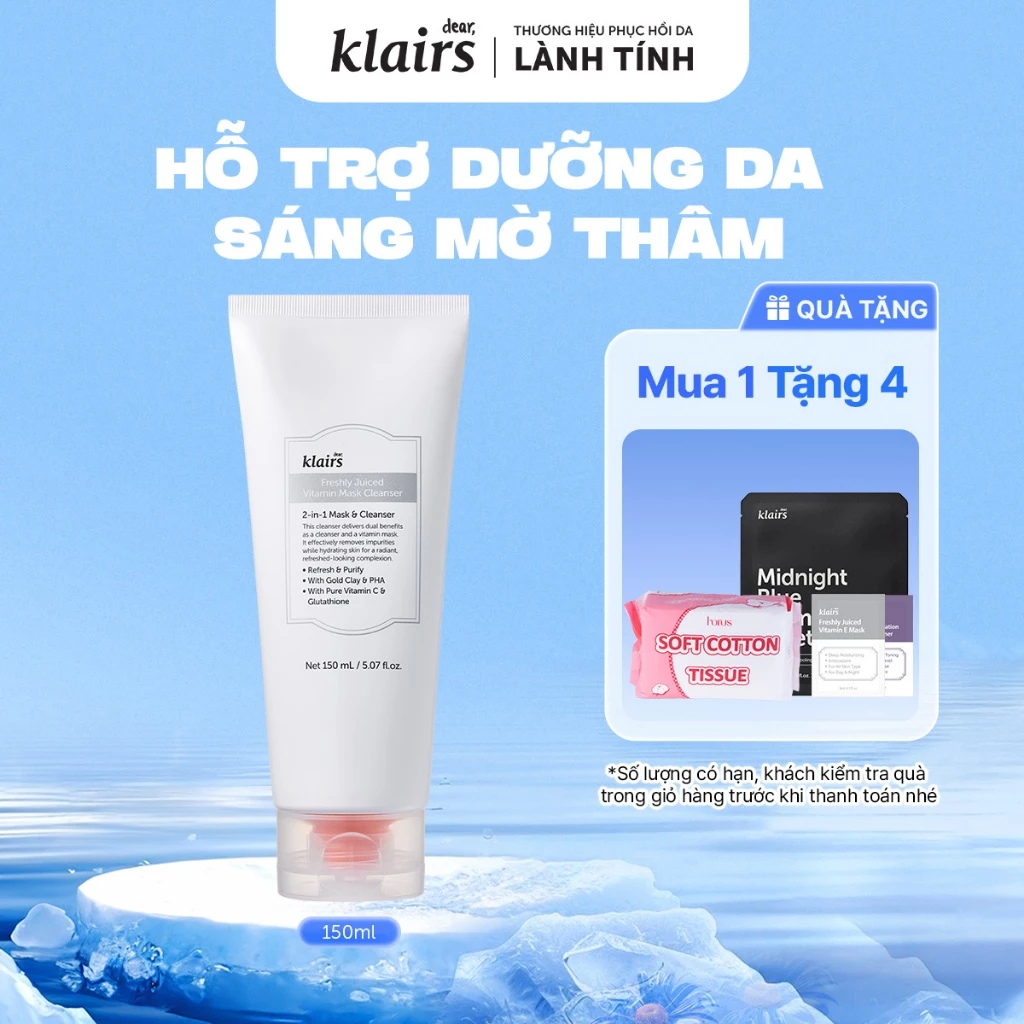Dear, Klairs Sữa rửa mặt hỗ trợ làm sáng da Freshly Juiced Vitamin Mask Cleanser 150ml