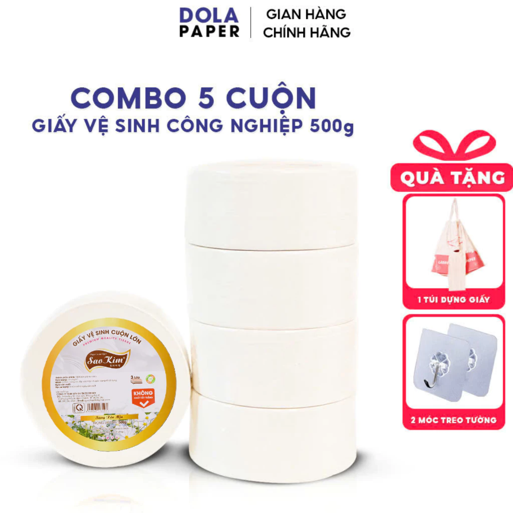 Combo 5 cuộn giấy vệ sinh cuộn lớn 500G - Tặng kèm túi - 3 lớp dai mềm mịn tan nhanh trong nước - dùng cho hộ gia đình