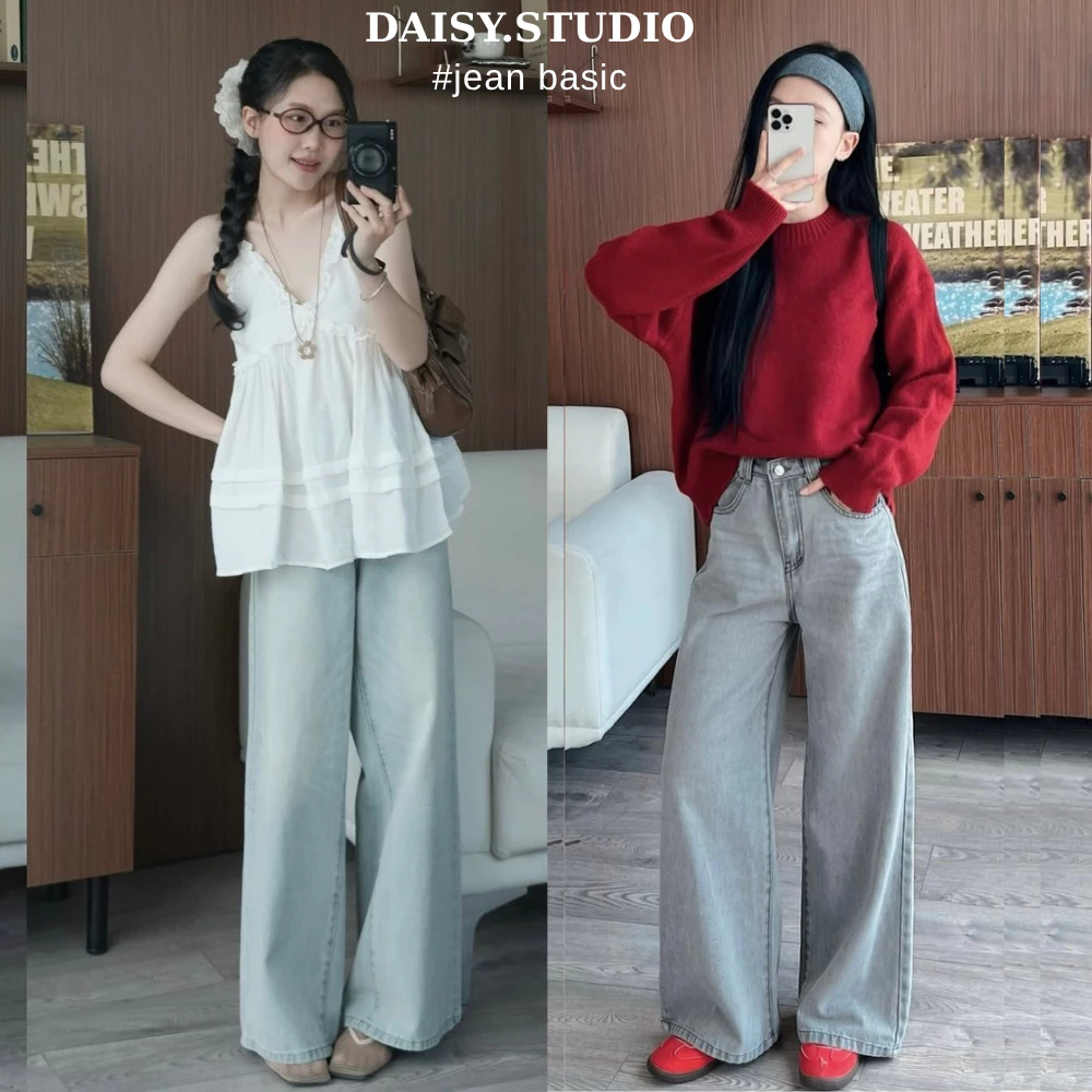Quần Jean Nữ Ống Suông Rộng Wash Bạc SMOKE Màu Xanh Trắng Lưng Cao Phong Cách Retro Hàn Quốc
