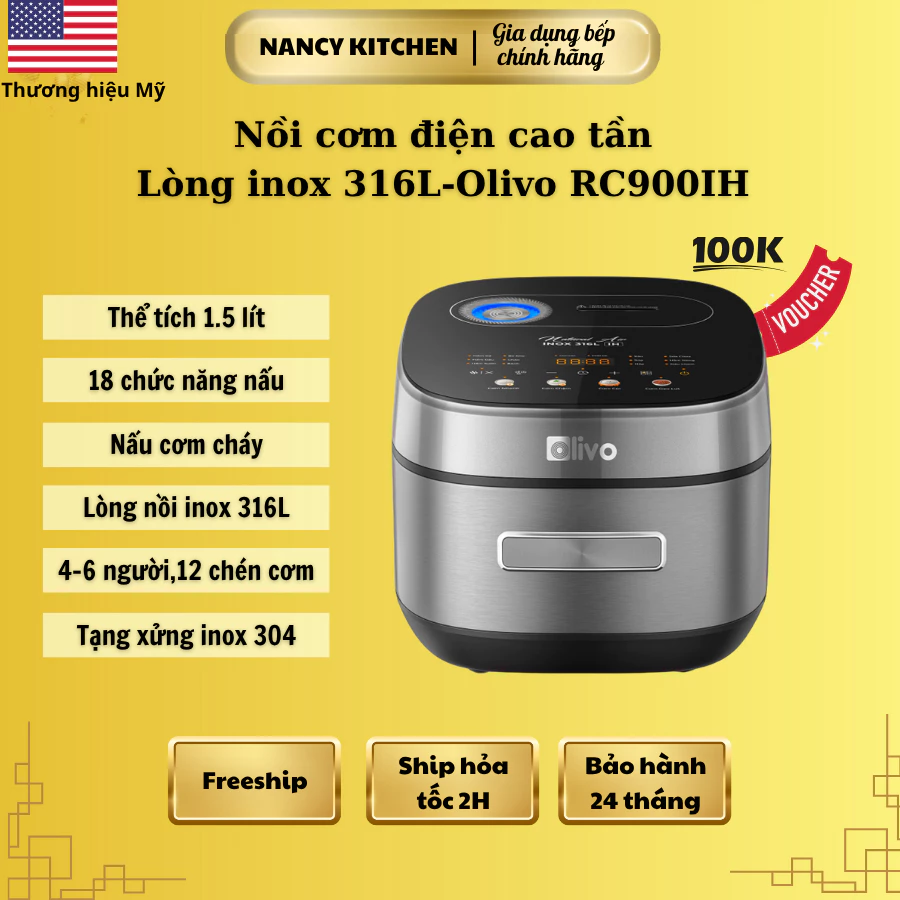 2.[Chính hãng] Nồi cơm cao tần Olivo RC900IH,lòng inox 316L,dung tích 1.5L,nấu cơm cháy,18 chế độ