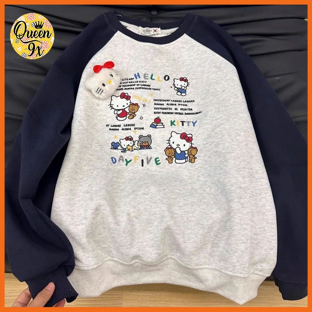 Áo sweater nỉ form rộng chất nỉ hình Kity và gấu phong cách Hàn Quốc cho nam nữ - Freesize 4-60kg