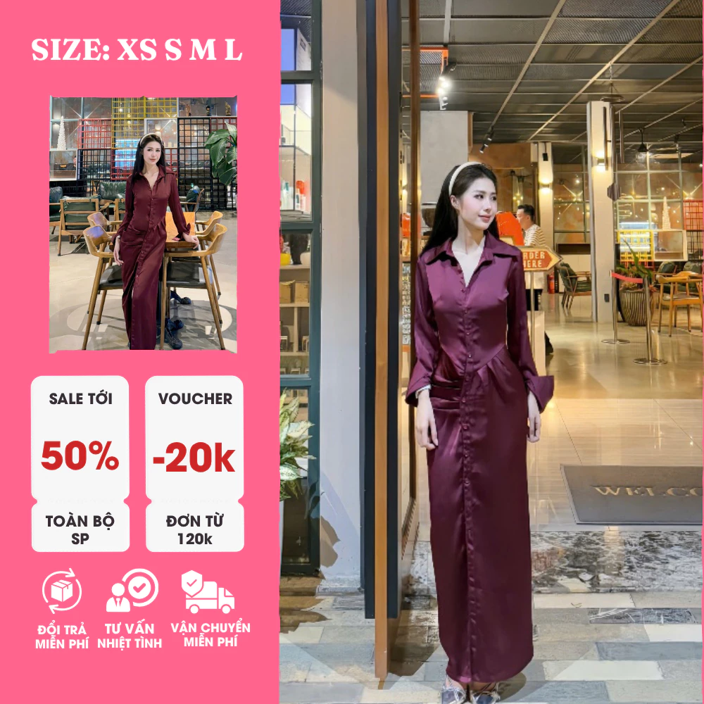 Đầm Sơ Mi Dài Màu Rượu Vang Sang Trọng – Thanh Lịch, Tôn Dáng, Dễ Mặc