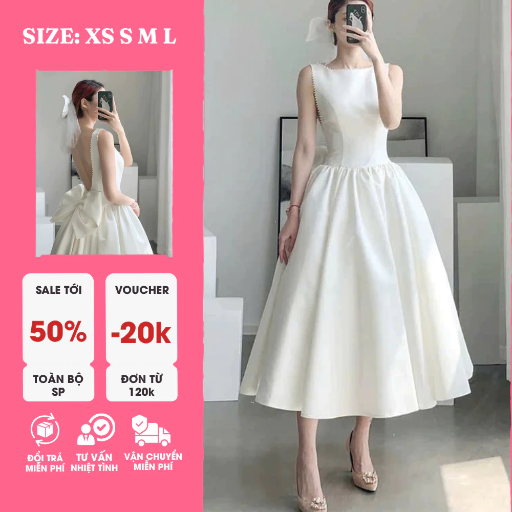 Đầm Xòe Dáng Dài Hở Lưng Đính Nơ – Chất Tapta Cao Cấp, Đầm Dự Tiệc Sang Chảnh