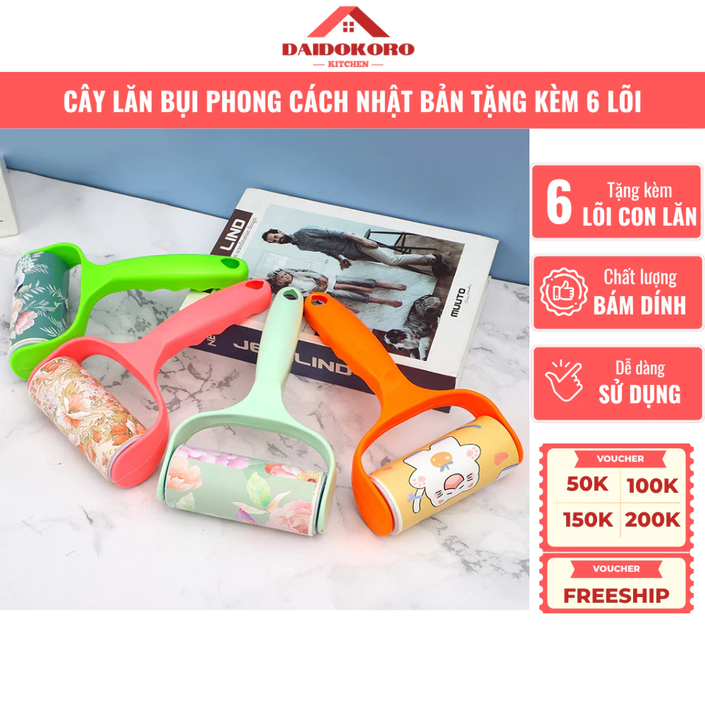 Bộ Cây Lăn Bụi + Tặng Kèm 6 Lõi Lăn Thay Thế Làm Sạch Quần Áo, Ga Giường, Sofa, Lông Chó Mèo
