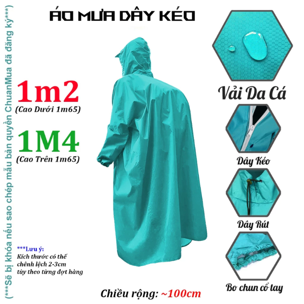 Áo Mưa Dây Kéo Balo Vải Da Cá Đeo Ba Lô Thoải Mái ( Raincoat Dây Kéo Có Mũ , Dây Rút , Nút Khóa )