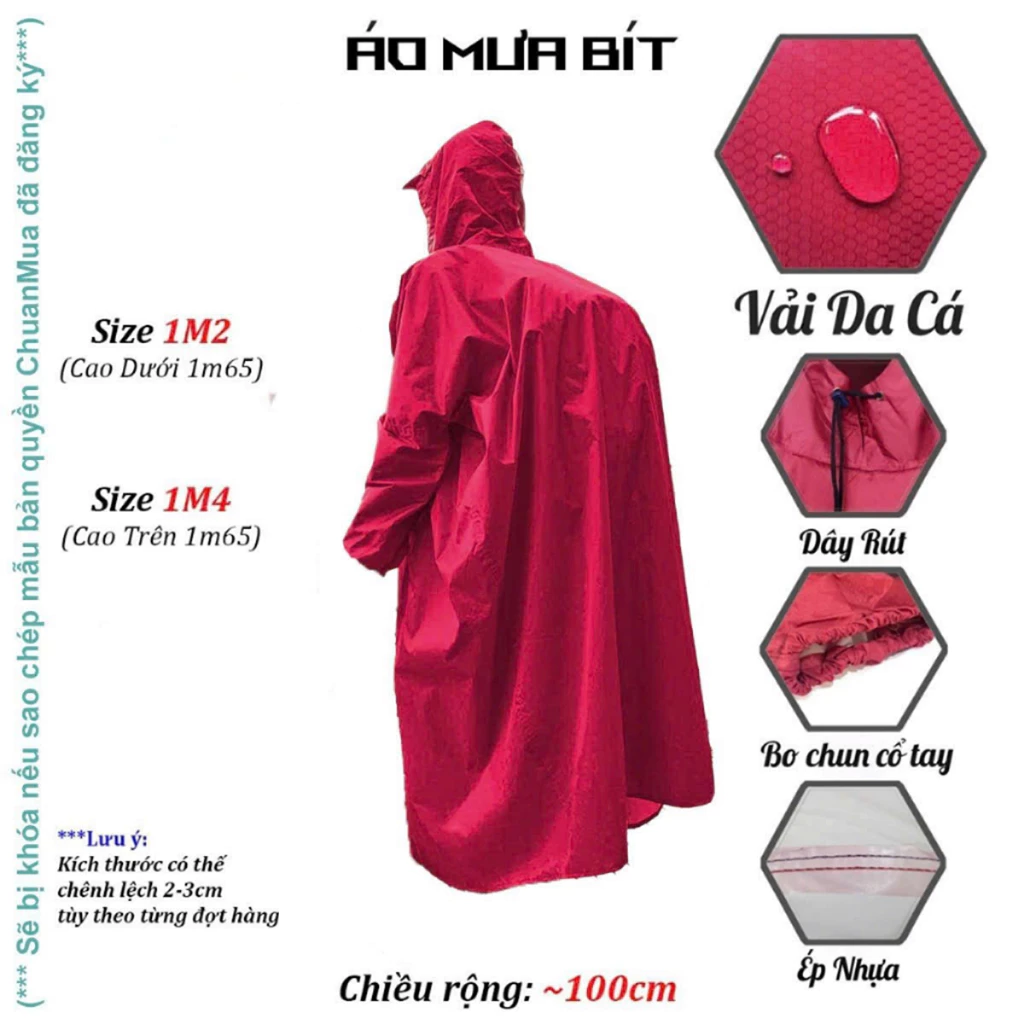 Áo Mưa BÍT Balo Vải Da Cá Size Rộng Có Thể Đeo Ba Lô ( Raincoat BÍT Có Mũ , Dây Rút , Tay Bo Chun )
