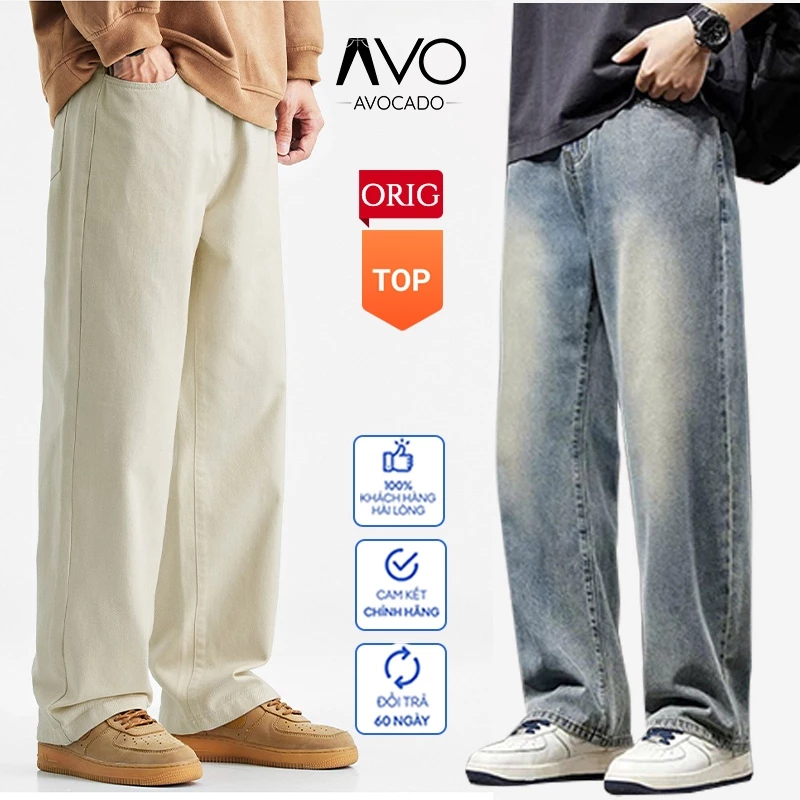 Quần Bò jean baggy nam Xanh Đen RETRO ống rộng xuông cạp cao Quần bò nam dáng suông xu hướng Avocado