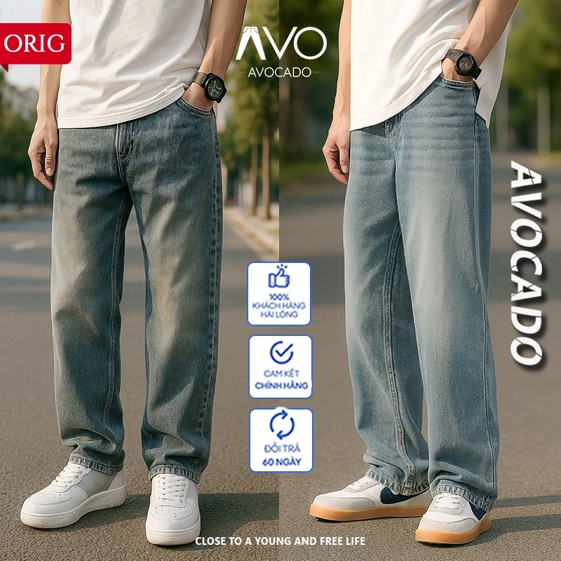 Quần Bò jean baggy nam Xanh Đen Wash vàng RETRO ống rộng xuông cạp cao Quần bò nam dáng suông xu hướng Avocado