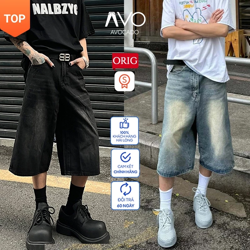 Quần Short SỌT đùi jean Kaki Jean Nam ngắn Túi hộp wash co dãn 4 chiều cạp chun Avocado