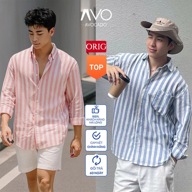 Áo Sơ Mi nam cộc tay Kẻ sọc Kelly Chất Đũi thô thoáng mát chống nhăn form rộng hằng ngày đi chơi đi biển Avocado