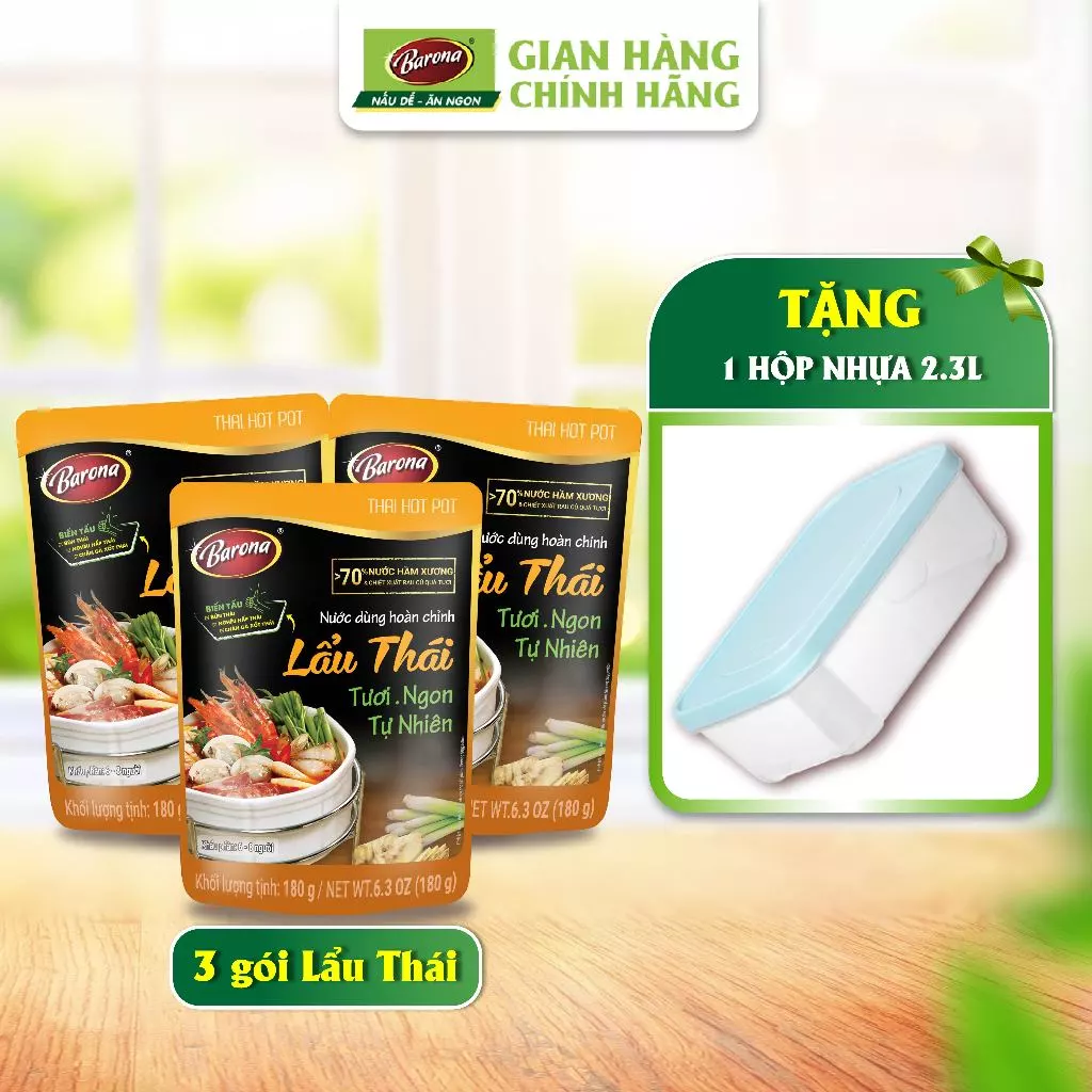 Combo 3 gói Nước dùng Lẩu Thái Barona 180g + [Tặng 1 hộp nhựa cao cấp 2.3 lít]