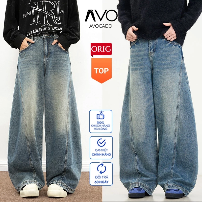 Quần Jean Bò Nam Nữ Unisex suông ống rộng baggy dáng Wide-leg phối đường viền nối thân cong size S-XXL Avocado