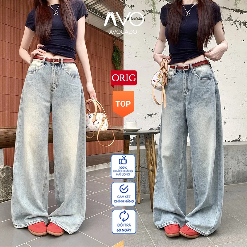 Quần Jean Bò Nữ Ống Rộng Suông Cạp Cao Avocado Wash Màu Vintage Cạp Cao Đứng Form Ống Rộng 25-27cm