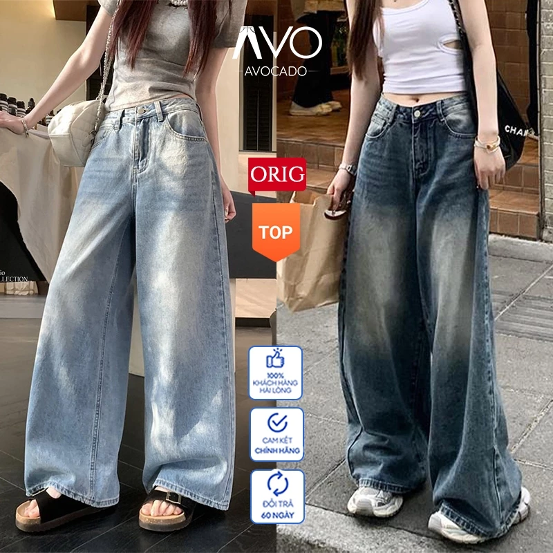 Quần Jeans Bò Nữ Suông Ống Rộng Cạp Cao Avocado Wash Màu Vintage Cạp Cao Ống Siêu Rộng 25-27cm cao cấp