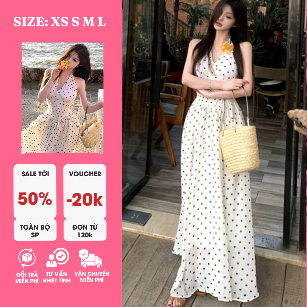 Đầm Maxi Cổ Yếm Chấm Bi Đen – Xoè Thanh Lịch, Tôn Dáng Công Chúa