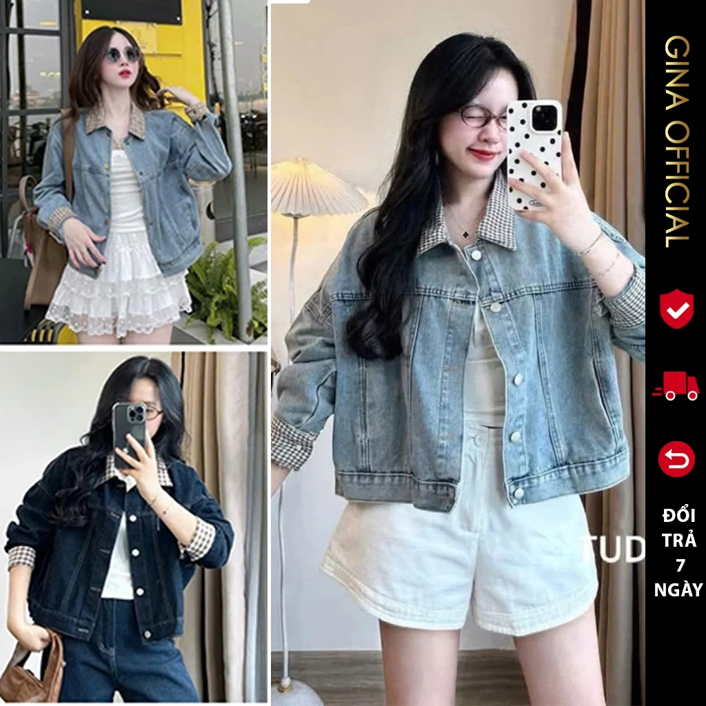 Áo Khoác Bò Jean Nữ Unisex basic form Nữ Avo Avocado Denim Jacket  dày dặn phối cổ kẻ KARO
