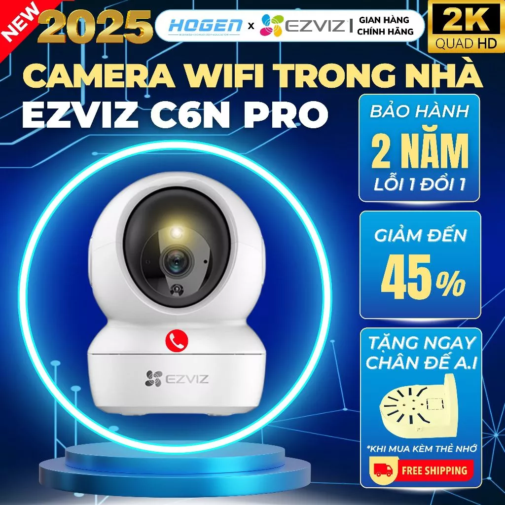 Camera WiFi Trong Nhà EZVIZ C6N Pro 3MP- Quay Quét 360 Độ, Chạm để gọi điện, Có màu ban đêm, BH 24TH