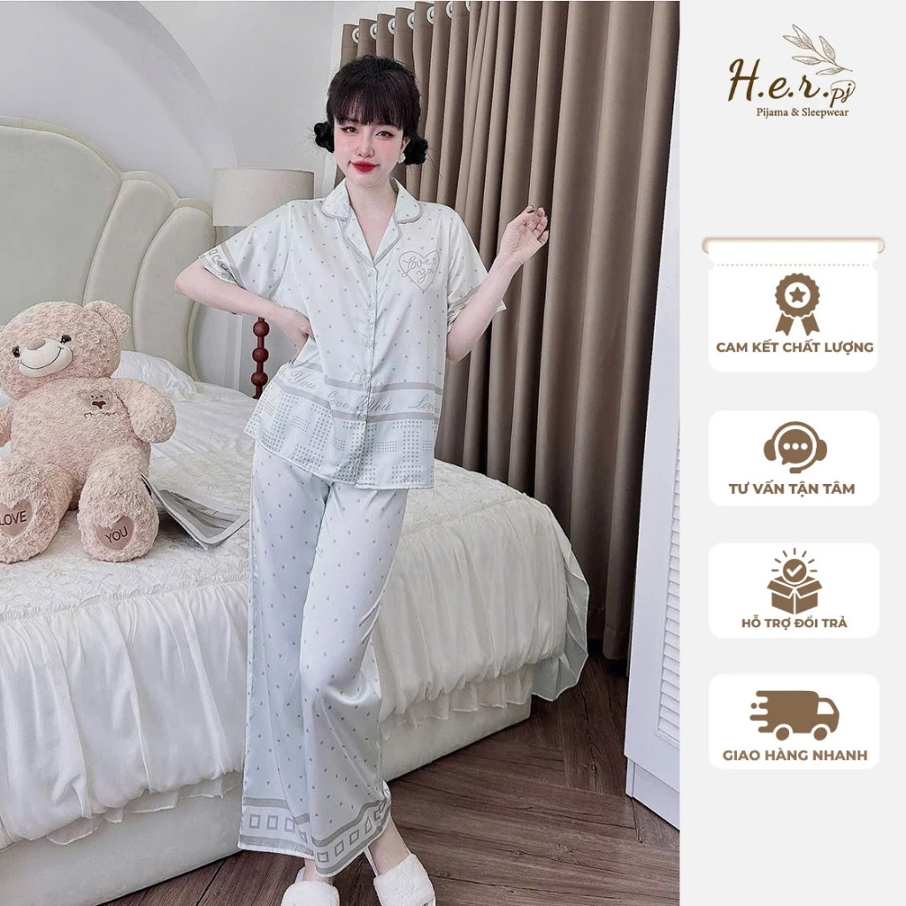 Đồ bộ nữ mặc nhà pijama lụa latin cao cấp cộc dài họa tiết dễ thương